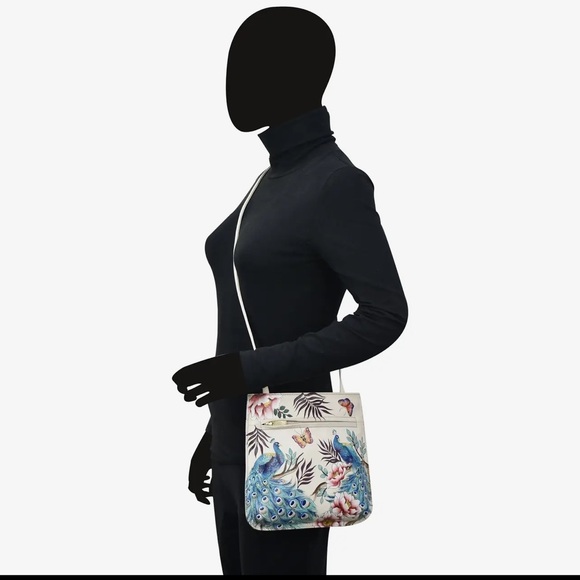 Anuschka Floral Peacock Print Cream Slim Crossbody Bag NWT - Picture 6 of 6